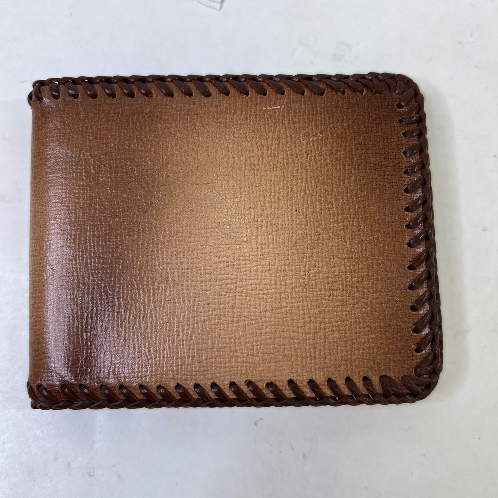 Vintage Brown Leather Whipstitch Bifold Wallet with Coin Pocket and ID Window